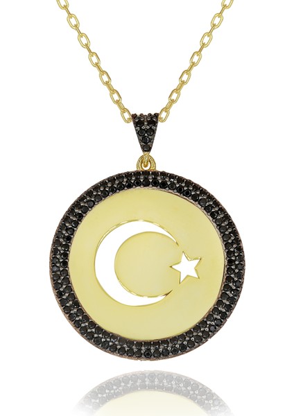 Siyah Taşlı Plaka Ay Yıldız Gümüş Kolye