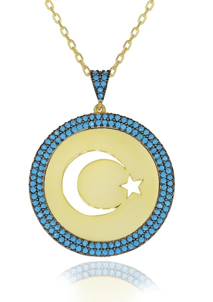 Turkuaz Taşlı Plaka Ay Yıldız Gümüş Kolye
