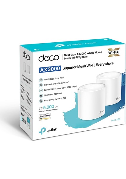 TP-Link Deco X60(2-pack), AX5400 Mbps, 1 GHz Dört Çekirdekli CPU, WPA3, OFDMA ve MU-MIMO, 150 Cihaza Kadar Bağlantı,  490 m²'ye Kadar Kapsama, Mobil Uygulama ile Kolay Kurulum, Wi-Fi 6 Mesh Sistemi