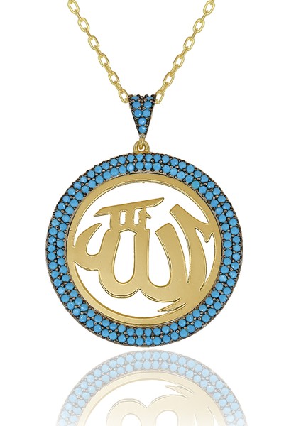 Turkuaz Taşlı Plaka Allah Gümüş Kolye