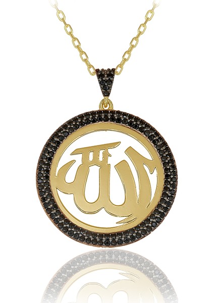 Siyah Taşlı Plaka Allah Gümüş Kolye