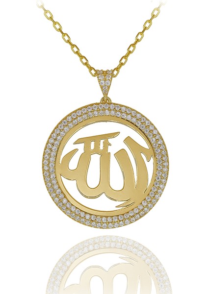Beyaz Taşlı Plaka Allah Gümüş Kolye