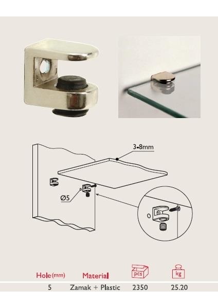 Gürçay Hırdavat Sıkıştırmalı Cam Raf Pimi 5 mm Vidalı 4'lü