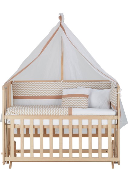 60X120 Naturel Boyasız Beşik + Kahve Zikzak Uyku Seti