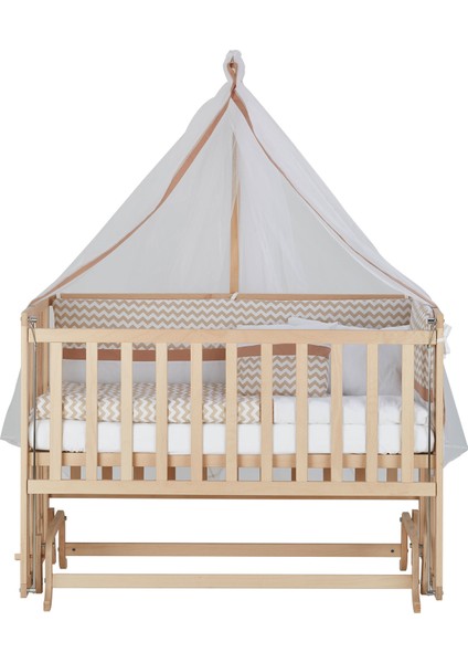 60X120 Naturel Boyasız Beşik + Kahve Zikzak Uyku Seti