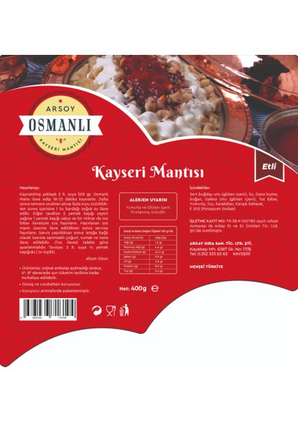 Kayseri Mantısı Etli 400 gr Vakumlu