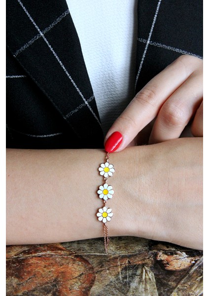 Gümüş Üçlü Rose Papatya Dizisi Bileklik B076401