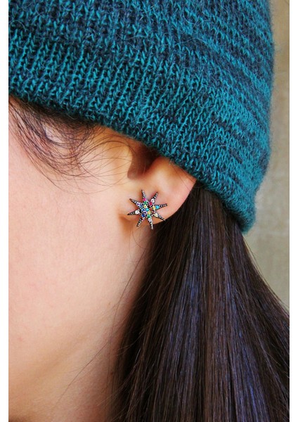 Kutup Yıldızı Motifli Renkli Taşlı Gümüş Küpe K068901 fiyatları