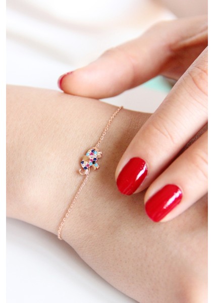 Renkli Taşlı Gümüş Fil Bileklik B048401