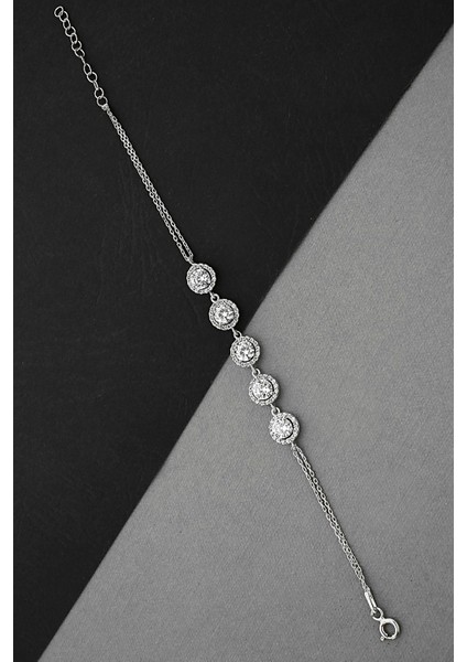 Zirkon Taşlı Gümüş Çift Zincirli Su Yolu Bileklik B077001