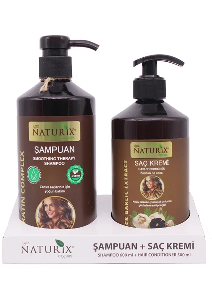 Tuzsuz Şampuan 2'li 600 ml Doğal Keratin Bakım Şampuan Natural Şampuan + 500 ml Siyah Sarımsak Saç Kremi