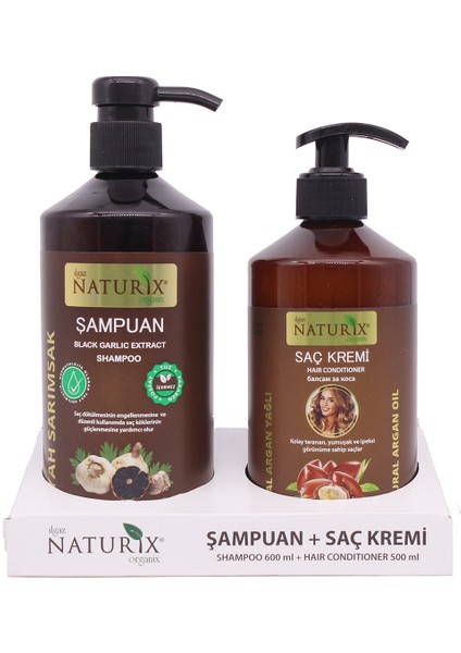 Tuzsuz Şampuan 2'li 600 ml Doğal Siyah Sarımsak Şampuanı Natural Şampuan + 500 ml Argan Yağlı Saç Kremi