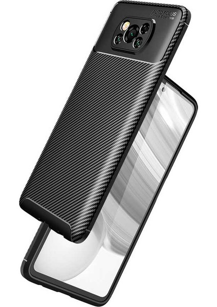 Xiaomi Poco X3 Kılıf Karbon Desenli Lux Negro Silikon + Cam Ekran Koruyucu Lacivert modelleri