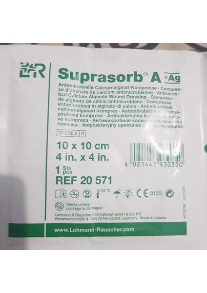 Lohmann Rauscher 20571 Suprasorb A+Ag Gümüşlü Kalsiyum Aljinat Yara Örtüsü 10 x 10 Cm, 1 Kutuda 10 Adet