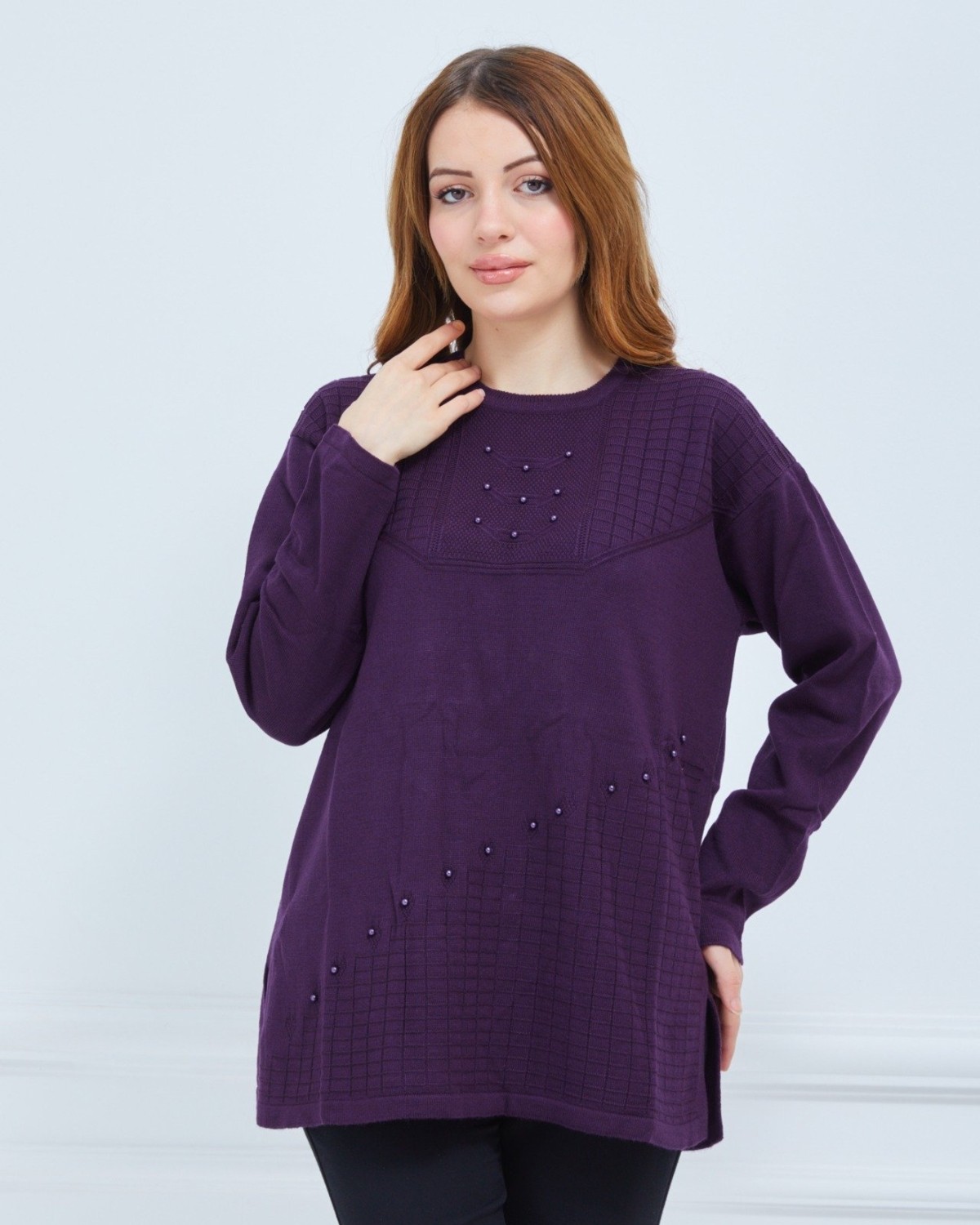 Fresh Moda Kadın Triko Kışlık Orta Yaş Günlük Anne Bluz Kazak görsel 4