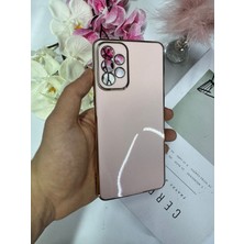 Enfein Galaxy A72 ile Uyumlu Kılıf Gold Çerçeveli Lazer Kılıf Pembe