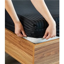 Vavey Çizgili Saten 1 Adet 90X200 30 Tek Kişilik Lastikli Yatak Çarşafı ve Yastık Kılıfı 50X70 Set Siyah