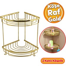 Badem10 Oval Damla Banyo Altın 2 Katlı 20X20 Şampuan Askı Kese Sabun Duş Malzeme Estetik Köşe Raf Muhafaza