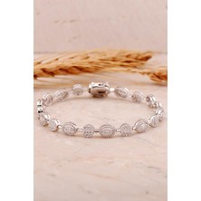 Sümer Telkari Baget Oval Pırlanta Montürlü Rodyumlu Gümüş Bileklik 4462