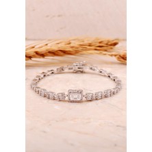 Sümer Telkari Baget Pırlanta Montürlü Rodyumlu Gümüş Bileklik 4463