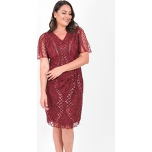 Ladies First Büyük Beden 3229 Bordo Kısa Abiye Elbise