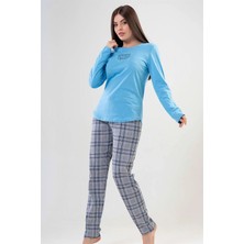 Vienetta Bayan Mavi Gri Kareli - Uzun Kollu Pijama Takımı