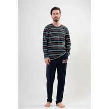 Vienetta Erkek Tarz Yeşil Siyah Çizgili - Lacivert Uzun Kollu Pijama Takımı