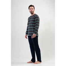 Vienetta Erkek Tarz Yeşil Siyah Çizgili - Lacivert Uzun Kollu Pijama Takımı