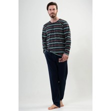 Vienetta Erkek Tarz Yeşil Siyah Çizgili - Lacivert Uzun Kollu Pijama Takımı