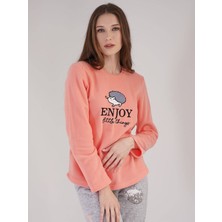 Vienetta Bayan Polar Şeftali Gri Kirpili - Uzun Kollu Pijama Takımı