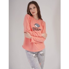 Vienetta Bayan Polar Şeftali Gri Kirpili - Uzun Kollu Pijama Takımı
