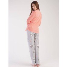 Vienetta Bayan Polar Şeftali Gri Kirpili - Uzun Kollu Pijama Takımı