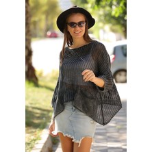 Schs Kadın Antrasit Bohem Ajurlu Asimetrik Baharlık Salaş Merserize Yıkamalı Triko