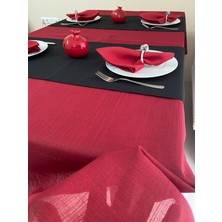 Zeren Home Simli Polyester Keten Dertsiz Masa Örtüsü Koyu Kırmızı + 6 Peçete