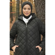 Butik Ayseba Kadın Siyah Cepli Kapüşonlu Fermuarlı Kapitone Kaban Ferace