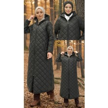Butik Ayseba Kadın Siyah Cepli Kapüşonlu Fermuarlı Kapitone Kaban Ferace