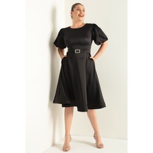 Lafaba Kadın Siyah Balon Kollu Taşlı Kemerli Büyük Beden Saten Abiye Elbise