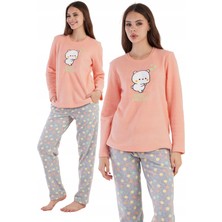 Vienetta Bayan Polar Sevimli Turuncu Renkli Noktalar - Uzun Kollu Pijama Takımı