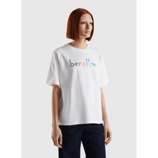 Benetton Bisiklet Yaka Baskılı Beyaz Kadın T-Shirt 3BL0D103H