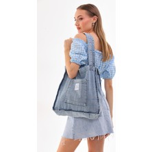 Açık Mavi Cepli Kare Desenli Kot Bez Kol & Omuz Çantası Tote Bag Kanvas Iş Günlük Jean Model 35X35