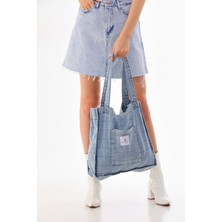 Açık Mavi Cepli Kare Desenli Kot Bez Kol & Omuz Çantası Tote Bag Kanvas Iş Günlük Jean Model 35X35