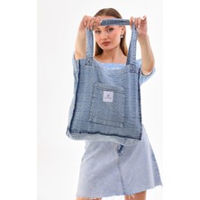 Açık Mavi Cepli Kare Desenli Kot Bez Kol & Omuz Çantası Tote Bag Kanvas Iş Günlük Jean Model 35X35