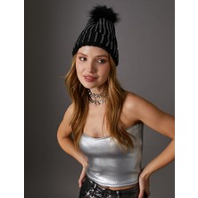 Koton Taşlı Örgü Bere Kenarları Katlı Peluş Ponpon Detaylı