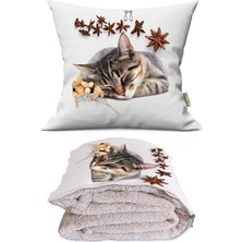 Caisya Home Sevimli Kedi Cute Cat Baskılı Tv Battaniyeli Opsiyonel Dekoratif Kırlent Yastık