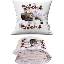 Caisya Home Relax Kedi Baskılı Tv Battaniyeli Opsiyonel Dekoratif Kırlent Yastık