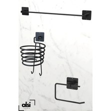 Alsi Home Yapışkanlı 3 Lü Siyah Fön Makinesi Askısı Havlu Askısı Wc Tuvalet Kağıtlık Banyo Set Uzun Havlu Fön Wc Kağıtlık 3'lü Set