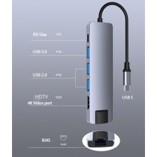 Apera Airsky HC-13L 6in1 Type-C Hub Dock Rj-45 Ethernet 100MBPS 4K 30hz USB 3.0 5gbps Pd 55W Cep Telefonu Şarj Aleti