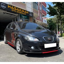 MKG Otomotiv Seat Leon Mk2 Kırmızı Renkli Şeritli Dilli Ön Lip 4 Prç Parlak Siyah Abs