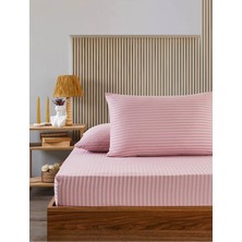 Vavey Çizgili Saten 160X200 30LASTIKLI Yatak Çarşafı ve 2 Adet Yastık Kılıfı 50X70 Çift Kişilik Set Pembe