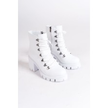 EMMA Bağcıklı Fermuarlı Ortopedik Taban Suya ve Soğuğa Dayanıklı Topuklu Cilt Kadın Bot BT Beyaz